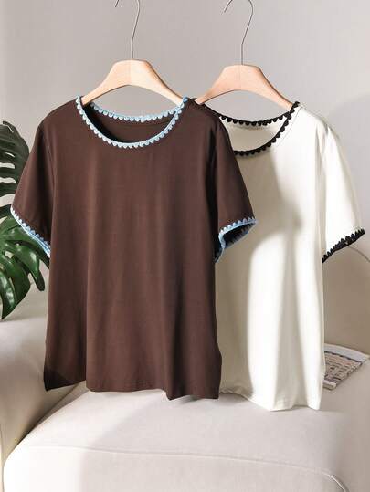 CosyJoli 2pcs/Set Plus Size Women Casual Fitted T-Shirt, White & Khaki Short Sleeve T-Shirt Set, Summer