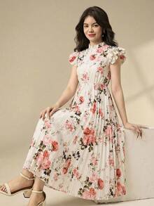 SHEIN Teen Girl Ruffled Collar Double Layer Cap Sleeve Pleated Hem Printed Dress - Multicolor - View 1