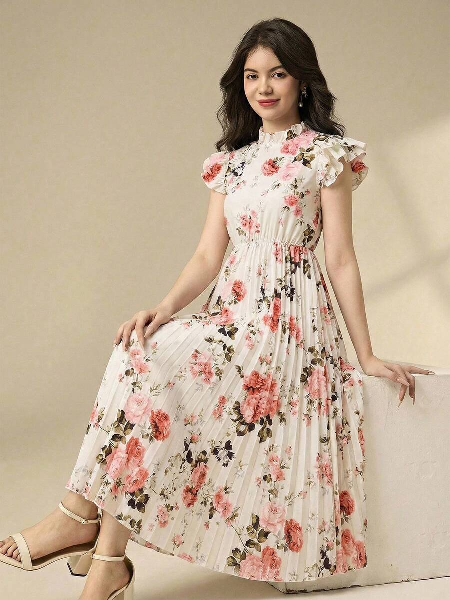 SHEIN Teen Girl Ruffled Collar Double Layer Cap Sleeve Pleated Hem Printed Dress - Multicolor - View 1