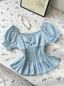 Elamini Women's Light Blue Shirred Bubble Sleeve Casual Shirt, Summer - Baby Blue - View 3