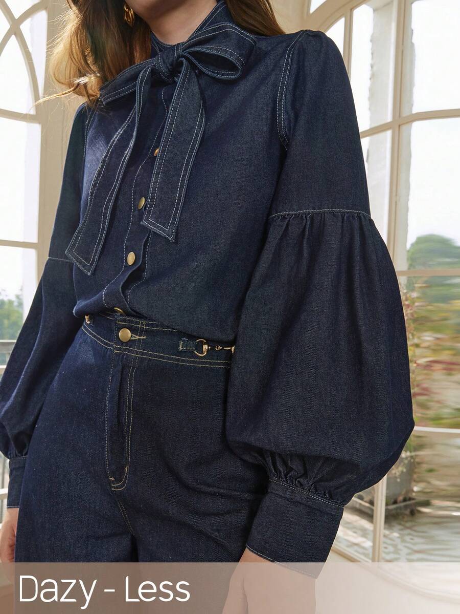 Dazy-Less 女士系带领单排扣时尚百搭通勤灯笼袖牛仔夹克 - 藍色 - 查看 1