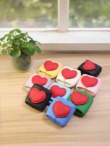 Zazumi Cute Color Block Heart Shaped Coin Purse, Portable Mini PU Leather Storage Pouch, Multi-Functional Earphone Data Cable Organizer Bag - Multicolor - View 3