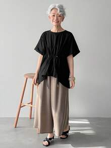 FRIFUL Camiseta casual de mujer de unicolor con cordón en la cintura y aberturas laterales, corte holgado, versátil, para primavera/verano - Negro - Ver 2