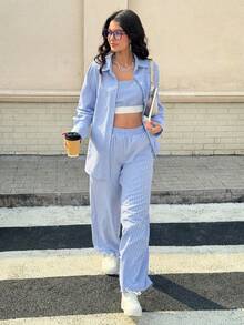 Aidyla Women's 3 Pieces Set: Blue Woven Textured Long Sleeve Shirt, Casual Vest, And Straight Leg Pants, Spring/Summer - Blue - View 1