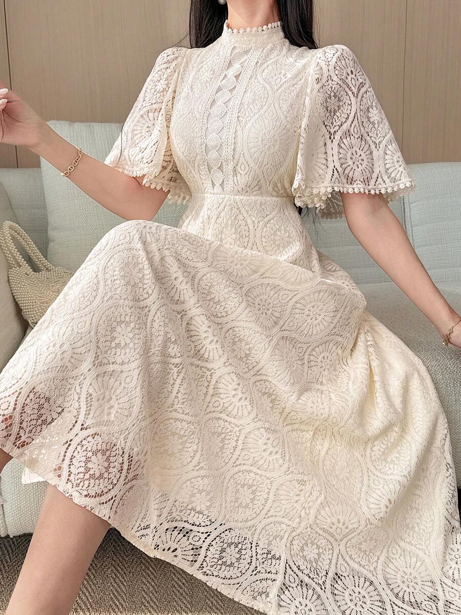 DAZY 女士优雅蕾丝立领荷叶袖中长连衣裙，夏季婚礼宾客礼服，女士吊带裙 - 米色 - 查看 1