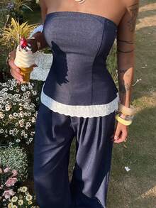 DAZY 女士撞色蕾丝拼接牛仔吊带背心和宽松长裤度假风牛仔套装 - 深色水洗藍 - 查看 2