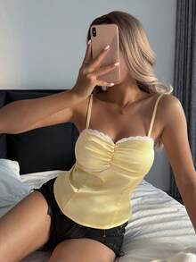 DAZY Satin Lace Patchwork Ruched Bust Design Camisole Top With Built-In Padded Bra For Women - Yellow - View 8