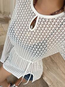 DAZY 女士圆领长袖蕾丝面料开衩设计腰带优雅度假风针织上衣 - 米色 - 查看 3