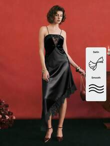 Poéselle Women's Lace Patchwork Asymmetrical Hem Sexy Date Party Mid-Length Slip Dress Valentine's Day,Date Night,New Year's Eve ,Party  Dress - Black - View 4