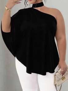 SHEIN CURVE+ Plus Size Elegant Solid Color Asymmetric Collar Blouse, Summer One Shoulder Top Plus Asymmetrical Top Plus One Shoulder Blouse Plus Size Black Tops One Sleeve Top - Black - View 1