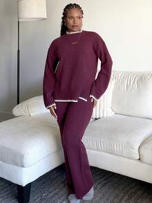 Tyla Gomez 2pcs Women Contrast Trim Long Sleeve Sweater Top And Pants Set Fall Winter Cloth For Women - Burgundy - View 3