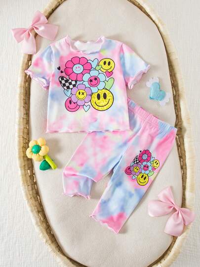 SHEIN 两件套新生女婴扎染脸部花卉印花、爱心、豹纹印花，少女休闲简约短袖短裤两件套，适合夏季、海滩、复古风、休闲度假风、可爱风、Y2K椰子女孩波西米亚风度假风、波西米亚音乐节，适合夏季。