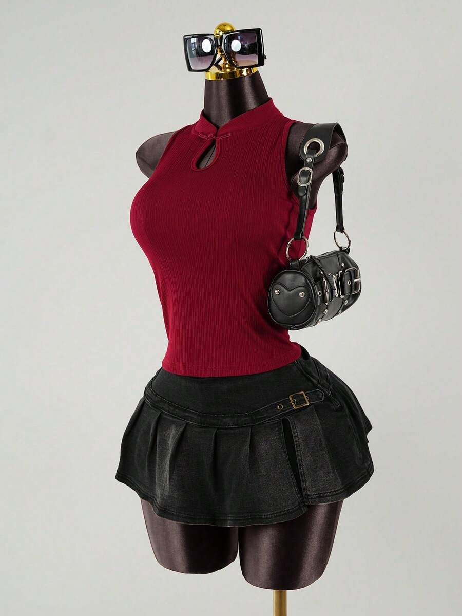 SaltGleam SaltGleam Chinese Style Cheongsam Inspired Hollow Out Ribbed Sleeveless Fitted Tank Top, Summer - Red - View 1