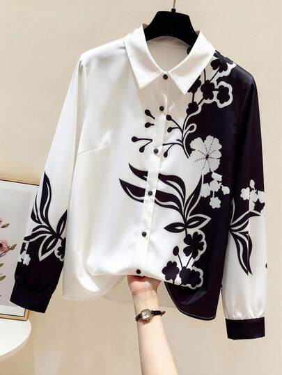 Franclia Plus Size Women Print Long Sleeve Casual Blouse Shirt