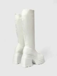 ROMWE Grunge Punk Fall/Winter 2025 New Arrival Women's Knitted Elastic White Over-The-Knee Boots With Thick High Heels And Lightweight Platform Sole - White - View 4