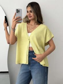 EURMUSE Shimmering Sequin Knit V-Neck Loose-Fit Cardigan - Yellow - View 6