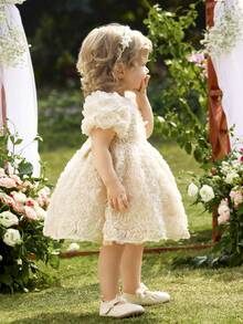 SHEIN Elegant & Cute Apricot Floral Mesh Short Sleeve Babygirl Dress A Loose And Adorable Stand-Up Collar 3D Flower And Rose Embroidery Net-Sheer Puffy-Sleeved Back Bow Dress For Girls, In Peach And Champagne Colors. Suitable For Weddings, Children's Floral Wear, And Birthday Parties  Elegant Cute Mesh Dress For Baby Girl Baby Girl Fluffy Dress Newborn Baby Girl Dress Luxury Baby Girl Dress Baby Girl Dress And Jacket Set Baby Girl Tulle Dress - Multicolor - View 4