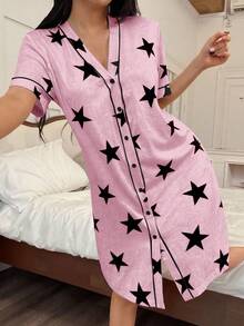 SHEIN American Casual Star Print V-Neck Short Sleeve Women Nightgown Womens Pj Sets Sleep Wear Women Pink Sleepwear Women Lounge Wear Sets Pajama Sets For Women Pink - Pink - View 4