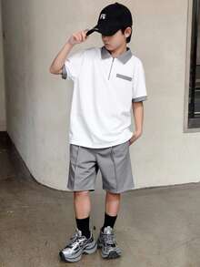SHEIN 两件套男童休闲校服/学院撞色拼接 Polo 领衬衫短裤套装，适合通勤、上学、日常休闲、运动、春夏穿着。 - 彩色 - 查看 7