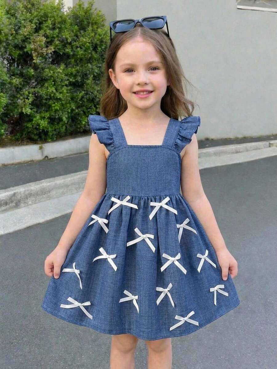 Firerie Kids Firerie Kids 年轻女孩休闲可爱度假短袖蓝色下摆蝴蝶结连衣裙 - 藍色 - 查看 1