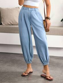 Breezaya Women's High Waist Pocketed Pleated Tapered Leg Casual Jeans - Dark Wash - View 6