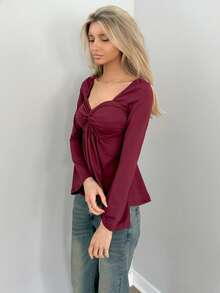 Sydney Algeri 女士休闲扭纹前V领长袖T恤，百搭新款，春秋季 - 酒紅色 - 查看 5