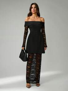 SHEIN Tall Women's Open Shoulder Lace Dress & Skirt 2 Pieces Set Black Off Shoulder Dress, Tall Women - Black - View 9