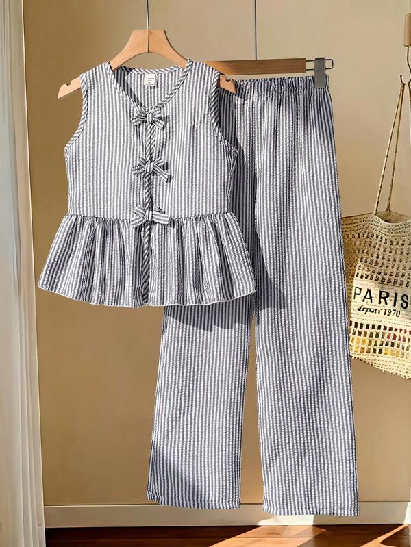 SHEIN Set de 2 piezas para niña preadolescente con camisa sin mangas con lazo y botón y pantalones alargados