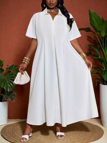 SHEIN CURVE+ Curve 尺码 US22 音乐节、海滨度假、波西米亚风夏季新品 休闲通勤纯白色宽松短袖V领褶皱A字长款衬衫裙 - 白色 - 查看 7