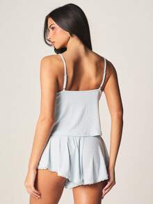 MISSGUIDED Ribbed Knit Cami Top And Shorts Pajama Set With Lace Trim V Neck Sleepwear Lounge Set Summer Nightwear - Blue - View 2