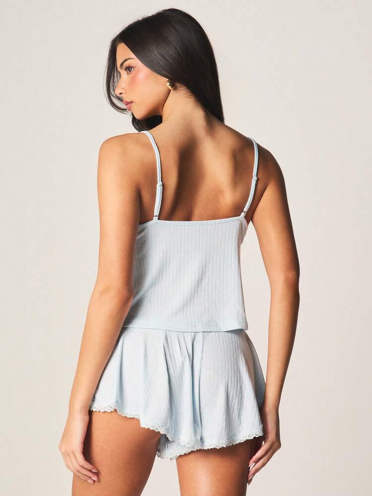 MISSGUIDED Ribbed Knit Cami Top And Shorts Pajama Set With Lace Trim V Neck Sleepwear Lounge Set Summer Nightwear