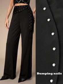 Maija 女士纯色直筒宽松金属铆钉设计长裤 女士正装裤 - 黑色 - 查看 1