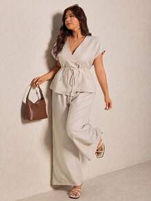 Elaquor Conjunto de 2 piezas de top elegante con cintura anudada y pantalones anchos de pierna ancha en unicolor para tallas grandes - Albaricoque - Ver 1