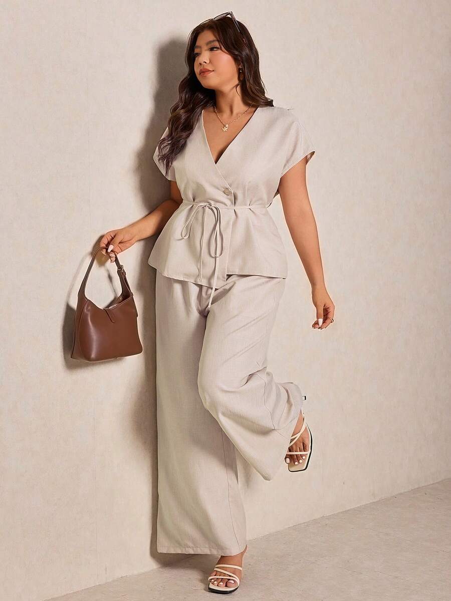 Elaquor Conjunto de 2 piezas de top elegante con cintura anudada y pantalones anchos de pierna ancha en unicolor para tallas grandes - Albaricoque - Ver 1
