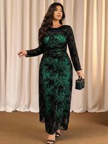 Elaquor Plus Size Women Floral Flocked Mesh Long Sleeve Ruffle Elegant Dress - Dark Green - View 7