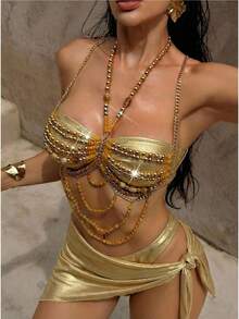 Swim SXY 女士串珠露背罩衫，性感派对装，适合音乐节、度假等场合 - 金色 - 查看 1