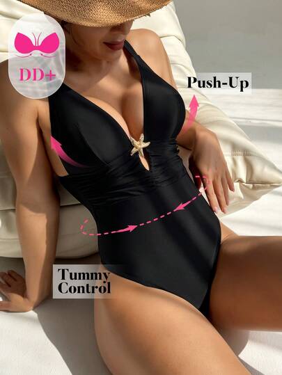 Swim DD+ Hàng mới về: Áo tắm liền thân màu đen cổ chữ V sâu, xếp ly, đính sao, gợi cảm, thời trang dành cho nữ.