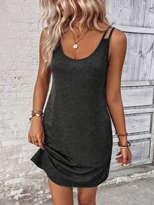 Lymera New Fashion Casual Generous U-Neck Design Sleeveless Knit Soft Fabric Minimalist Gray Dress - Dark Grey - View 1