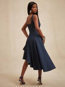 NYA SZN 女士条纹荷叶边不对称下摆优雅收腰牛仔派对连衣裙 - 深色水洗藍 - 查看 2