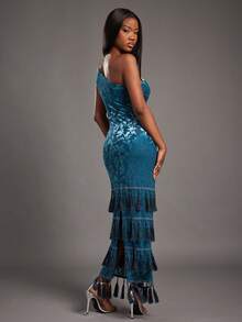 NYA SZN 连衣裙 长款 流苏细节 单肩不对称 - 藍色 - 查看 2