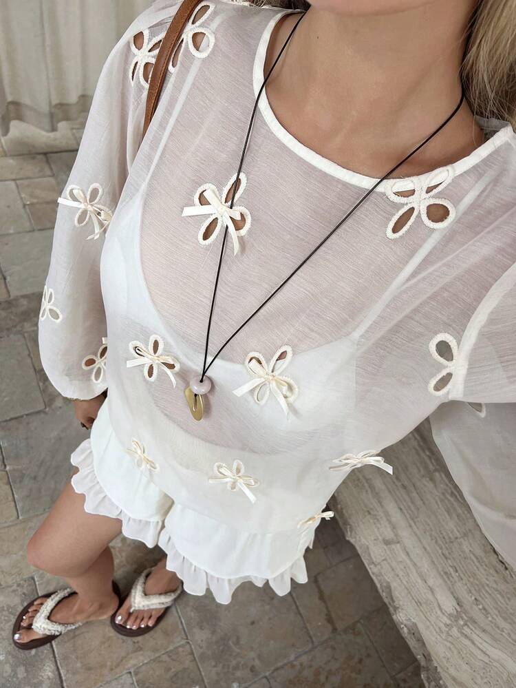 Women's Casual Beach Vacation Solid Color Sheer Lantern Sleeve Blouse With Bow Detail, Spring/Summer