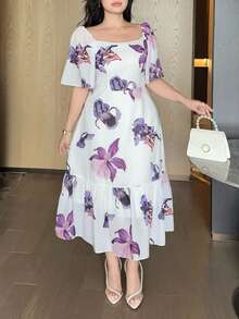 Dazy Plus Plus Size Women Floral Print Ruffle Sleeve Elegant Dress Sundress - Purple - View 5