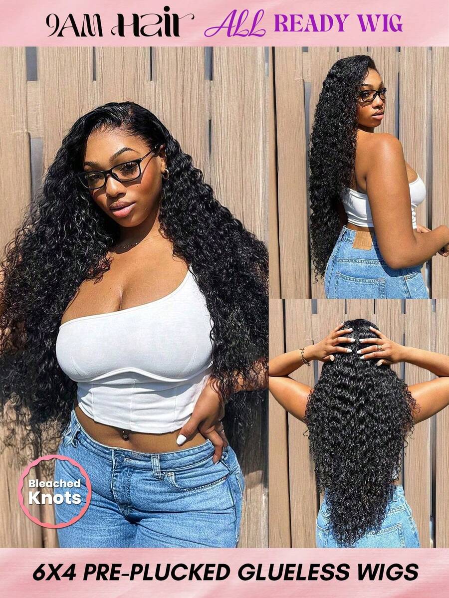 ALL READY WIG 9AM 6*4 预漂白无胶透明蕾丝闭合假发水波假发真人头发 180% 密度自然黑色 8-30 英寸