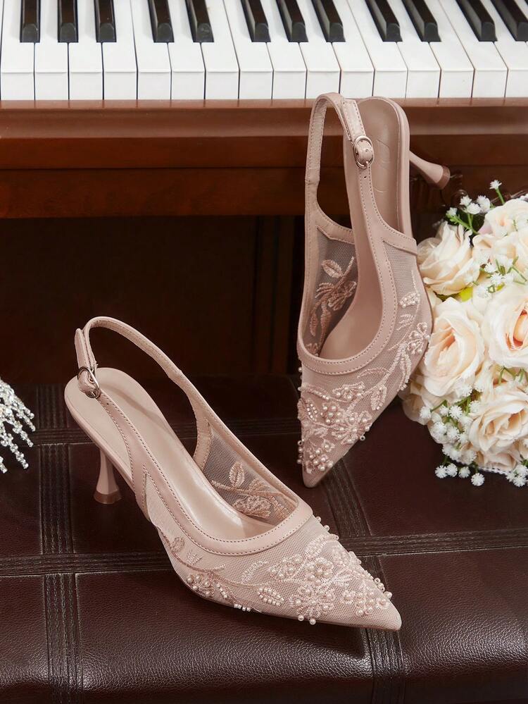 CUCCOO HITCHD Women's Floral Faux Pearl Decor Buckle Design Pointed Toe Elegant High Heels Elegant Shoes Wedding Shoes