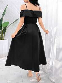 Feyla Robe élégante à volants pour femmes, épaules dénudées, couleur unie - Noir - Voir 7