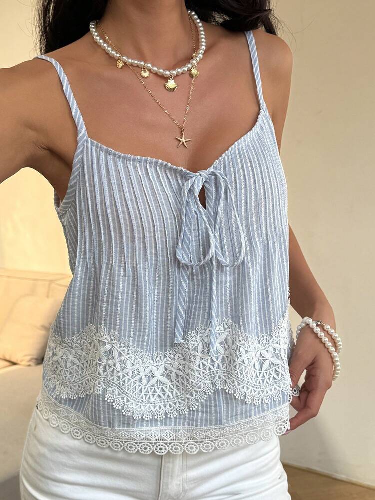 Women's Summer Striped Lace Patchwork Tie-Up Casual Vacation Style Camisole Blouse