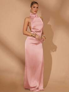 Lumalex Vestido largo recto con cintura fruncida para mujer de talla grande, para fiestas de invierno, primavera, San Valentín, eventos y bodas - Rosa Pálido - Ver 7