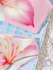 Hibiscus, Flame Tree, Beach Vacation, #Coconutgirl, Tween Girls Casual Minimalist Camisole & Triangle Bottoms Swimwear Set, Suitable For Summer Mid-Break To Beach, Neon Beach Vibes, Swimwear Collection, Holiday Feels, Coastal Minimalism, Summer Flower - Pink - View 5