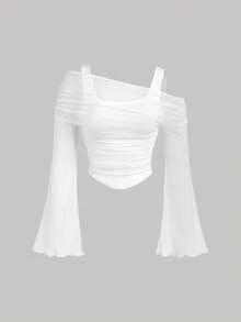 SHEIN MOD 2pcs/Set Summer Oblique Collar Ruffle Flare Sleeve Fitted T-Shirt Off The Shoulder Mesh See Through Tops White And Burgundy Night Out - Multicolor - View 7