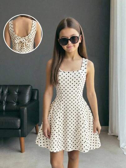 SHEIN Tween Girls' Vintage French Elegant Luxurious Cute Apricot Polka Dot Square Collar A-Line Patchwork Dress With Large Bow Back
